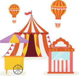 A circus tent and hot air balloons
Description automatically generated