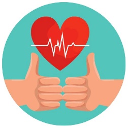 A heart with a thumbs up and a heart beat
Description automatically generated