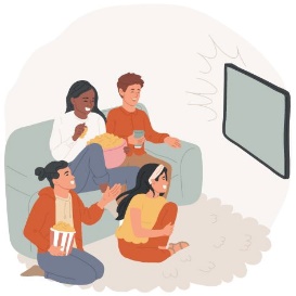 A group of people sitting on a couch watching tv
Description automatically generated